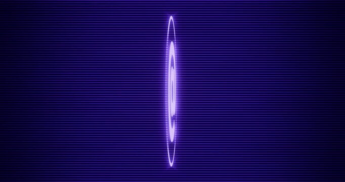 3D Rendering - Figurative self illuminated Communication AT email icon in purple violet color spinning over a line grid pattern background - Seamless loop