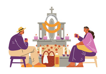 Fototapeta premium Dia de los Muertos vector art. Scenes of visiting graves.