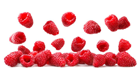 Raspberries falling on a pile close-up on a white background. Isolated