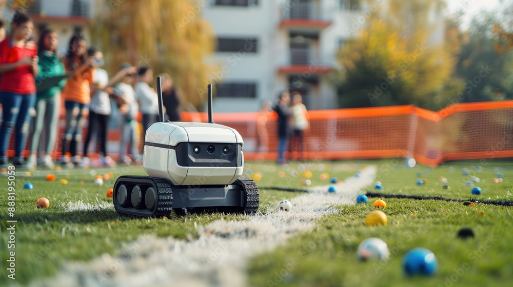Poster a robot is on a field with a group of people watching it