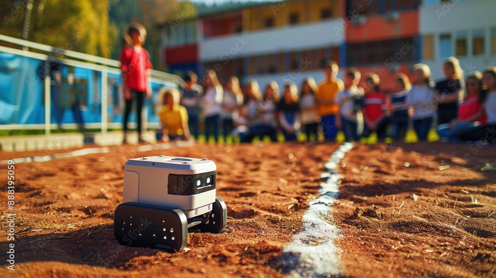 Poster a robot is on a field with a group of people watching it