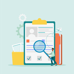 Fototapeta premium Recruitment agency, personnel service, recruitment network concept. The manager is looking for a candidate in a huge resume for the position. Vector illustration. 