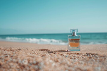 Perfume bottle on a sandy beach, with the sea in the background, daylight, straight angle, minimalistic composition.