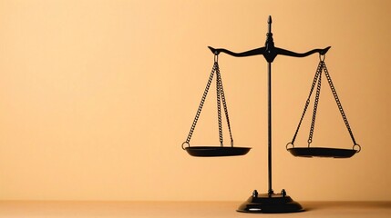 Black scales of justice balancing on wooden table on an orange background
