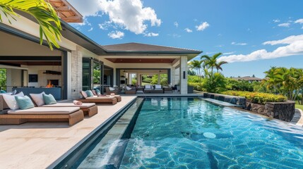 Lavish outdoor pool area with an infinity edge, comfortable lounge chairs, and tropical landscaping, offering a perfect escape to luxury