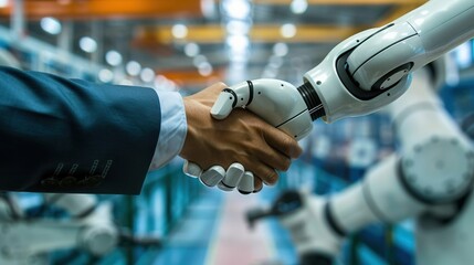 A robot is shaking hands with a human