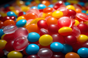 A close-up view of a delightful mix of candies in vivid reds, yellows, oranges, and blues
