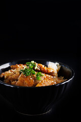 Grilled Chicken teriyaki rice Japanese food isolated in black background