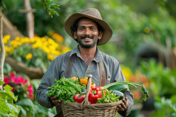 young indian male farmer holding a basket of vegetables
