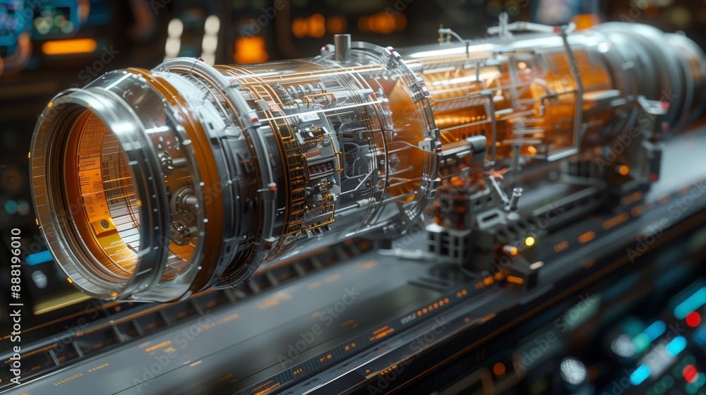 Poster close-up image of small satellite cross section, showing transparent outer shell and intricate inter
