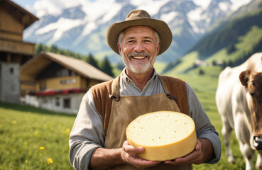 Schweizer Käser auf der Alp mit Bergkäse in den Händen AI generated