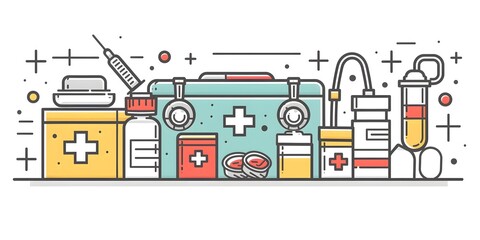 Colorful Medical Supplies and Equipment Illustration Banner