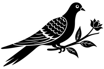 Dove leaning on a branch in tree with a flower in its beak vector art illustration