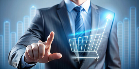 A dapper businessman in a sleek suit confidently holds a shopping cart, with an upward-pointing arrow. He touches a graph of increasing sales volume on a virtual screen, symbolizing ecommerce growth.