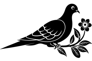 Dove leaning on a branch in tree with a flower in its beak vector art illustration