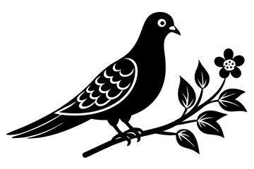 Dove leaning on a branch in tree with a flower in its beak vector art illustration
