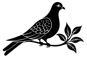 Dove leaning on a branch in tree with a flower in its beak vector art illustration