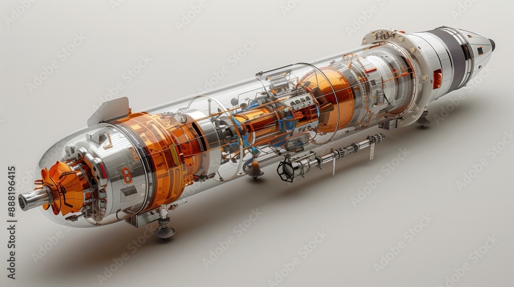 Poster a close-up, transparent cross-section view of a reusable rocket, showcasing the intricate internal c