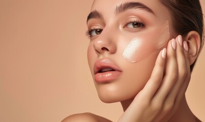 Elegance in Self-Care: Radiant European Lady with Hydrating Facial Mask, Posing on a Beige Backdrop &ndash; A 4K High-Definition Visual for Skincare and Beauty Concepts, Ideal for Spa Marketing and Cosmetol