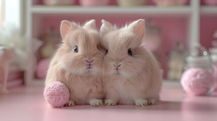 Two adorable baby brown rabbits on pink background.Cute fluffyy rabbits on pink background.