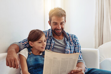 Father, girl and reading magazine on sofa in home with smile, learning and update for global event....