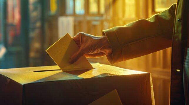 Close-up of a hand casting a ballot into a voting box, election day atmosphere
