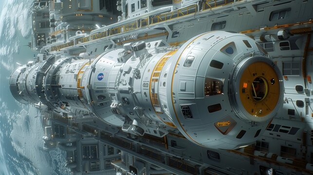 Commercial space station under construction in low Earth orbit with multiple modules, large docking bay, advanced technology, and futuristic design. - Powered by Adobe