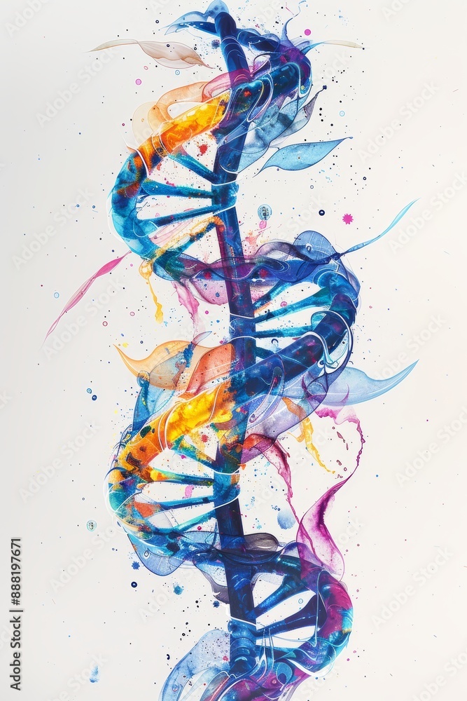 Poster vibrant abstract digital painting of dna double helix with colorful patterns on a minimalist white b