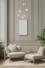 a stylish room featuring a blank white poster frame in an elegant, sleek design