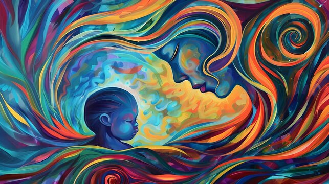 Abstract mother & child portrait. Colorful swirl design with a mother and child in abstract form.