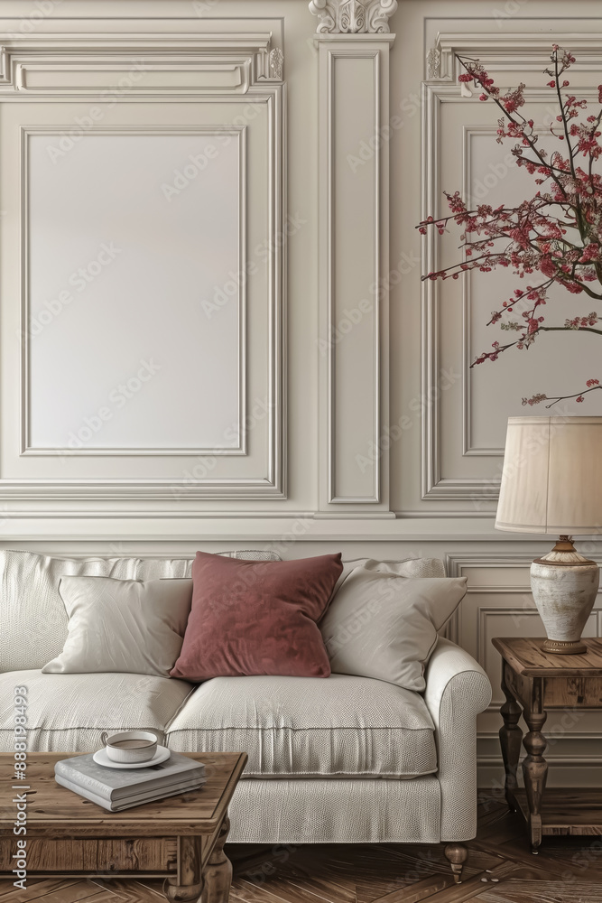 Poster an elegant interior with a blank white poster frame as the main design element