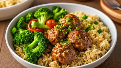 Fototapeta premium Delicious meal of meatballs rice and vegetables