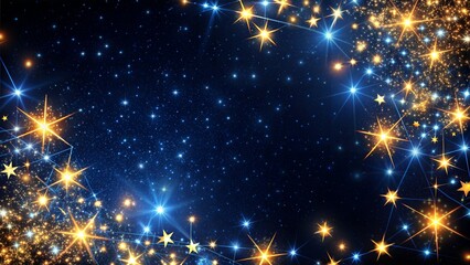 The night starry sky. A border of golden stars against a dark blue background, with copy space. Ideal for celestial themes designs and dreamy night sky concepts
