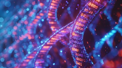 Futuristic DNA Data Storage Concept with Binary Code and Glowing Strands