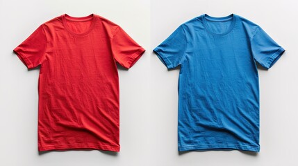 Red and Blue Short Sleeve T-Shirts on White Background