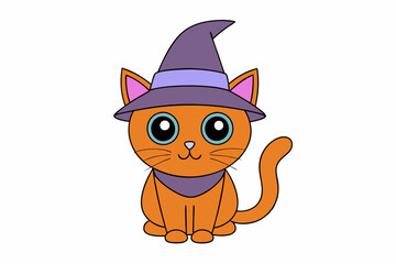 Cute Cat in Witch Hat Vector Illustration Cartoon Clipart and Line Art Design
