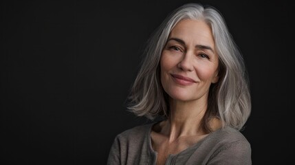 Fototapeta premium Elegant middle-aged woman with shoulder-length silver hair, smiling and standing confidently in front of the camera against a black background. senior woman