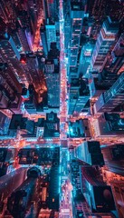 Fototapeta premium Aerial Drone View of Vibrant City Nightlife with Illuminated Skyscrapers, Streets, and Bridges