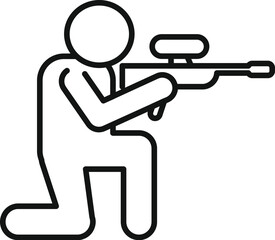 Simple icon of a paintball player kneeling and aiming with his paintball marker gun