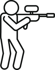 Paintball player is aiming, holding his paintball marker gun, ready to shoot