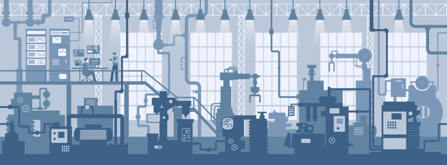 Industrial mechanical machine tools in production line manufacturer factory. Art design the silhouette of the industry