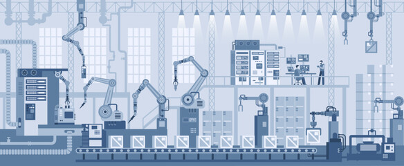 Industrial zone. Assembly line with robotic arms flat illustration. Automated production process, high tech machinery. Factory manufacturing industrial line 