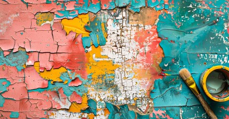 Naklejka premium A weathered, cracked surface reveals layers of vibrant paint in pink, turquoise, yellow, and orange, with a paint can and brush resting on top, hinting at artistic renewal and transformation.