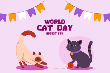 Flat international cat day background with cat holding yarn