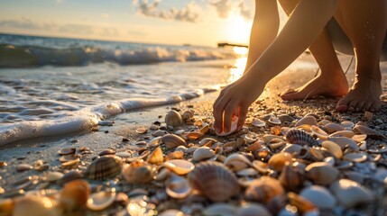 A woman collecting seashells along the shoreline