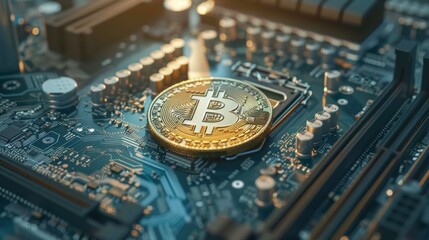 Bitcoin Coin on Circuit Board, Cryptocurrency Digital Asset, Blockchain Technology, Virtual Currency Mining, Fintech Industry, Generated AI