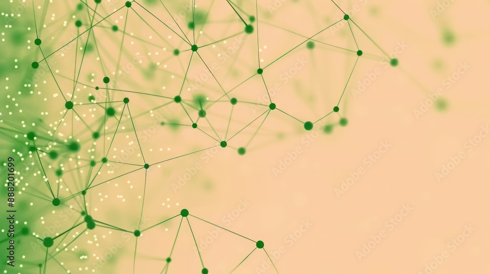 Poster dark green dots connected by lime green lines on a soft peach canvas, text area in the top left