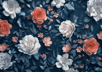vintage floral pattern, 3D shading,, cottagecore style, dark blue background with white and coral flowers