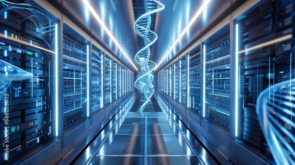 Poster innovative dna data storage in a futuristic high-tech data center environment