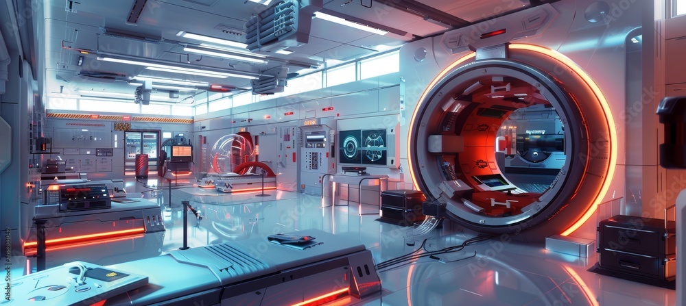 Poster futuristic engine testing facility with advanced diagnostic and monitoring systems